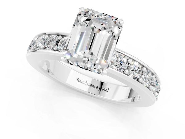 Platinum Emerald Cut Moissanite Engagement Ring with Channel Set Round  Band and Prong Setting