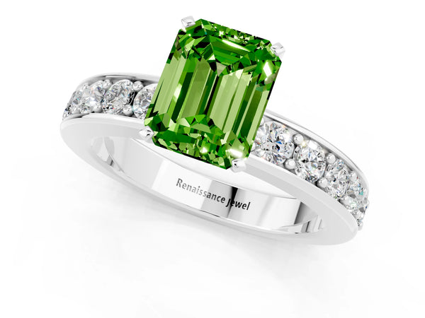 Silver Emerald Cut Peridot Engagement Ring with Channel Set Round  Band and Prong Setting