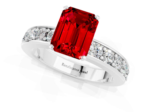 Silver Emerald Cut Ruby Engagement Ring with Channel Set Round  Band and Prong Setting