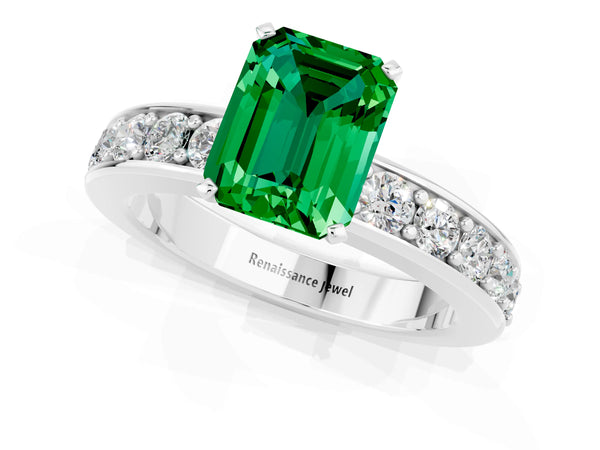Silver Emerald Cut Emerald Engagement Ring with Channel Set Round  Band and Prong Setting
