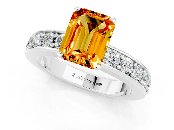 Platinum Emerald Cut Citrine Engagement Ring with Channel Set Round  Band and Prong Setting