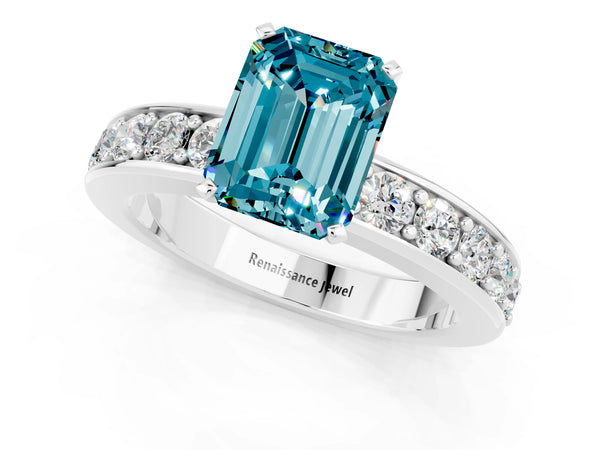 Platinum Emerald Cut Blue Topaz Engagement Ring with Channel Set Round  Band and Prong Setting