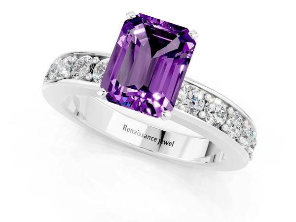 Silver Emerald Cut Amethyst Engagement Ring with Channel Set Round  Band and Prong Setting