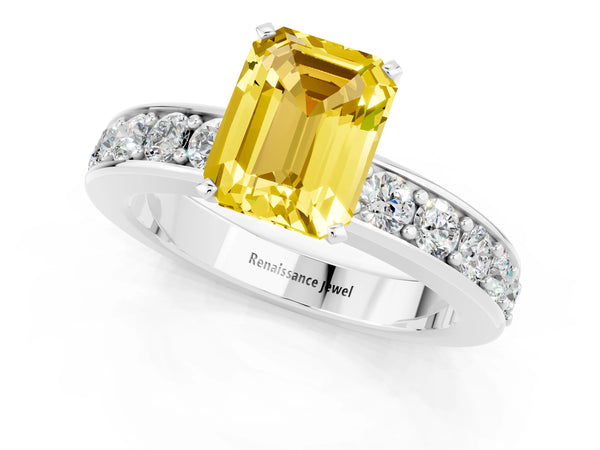 Platinum Emerald Cut Yellow Sapphire Engagement Ring with Channel Set Round  Band and Prong Setting