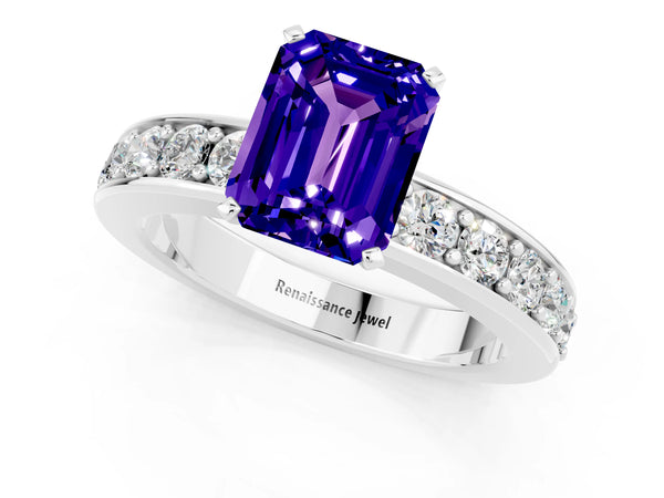 Platinum Emerald Cut Tanzanite Engagement Ring with Channel Set Round  Band and Prong Setting