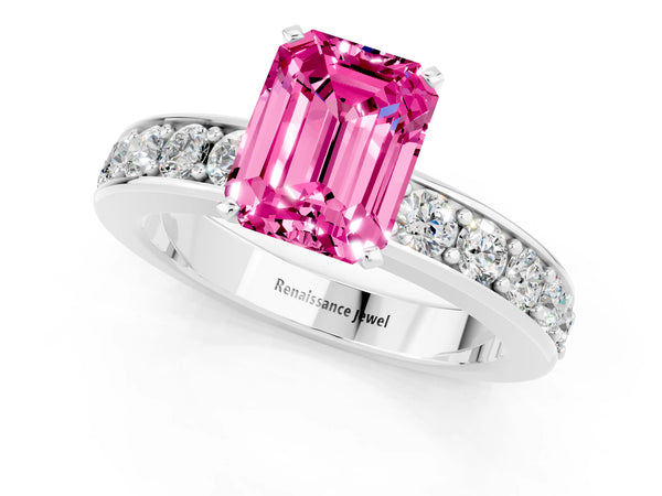 White gold Emerald Cut Pink Sapphire Engagement Ring with Channel Set Round  Band and Prong Setting