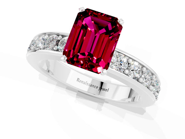 Silver Emerald Cut Garnet Engagement Ring with Channel Set Round  Band and Prong Setting
