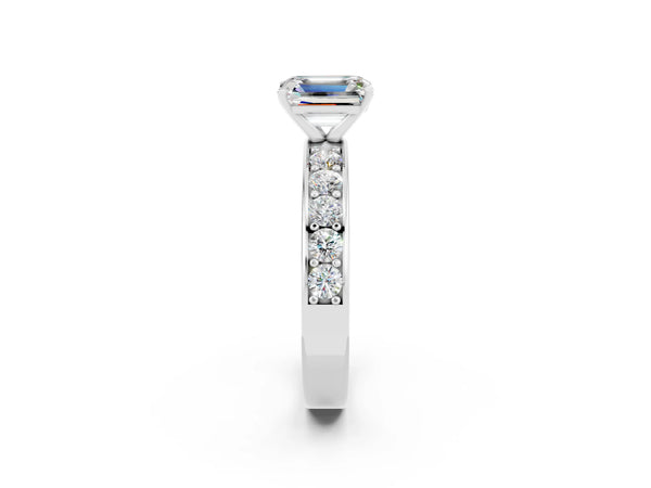 Platinum Emerald Cut Moissanite Engagement Ring with Channel Set Round  Band and Prong Setting