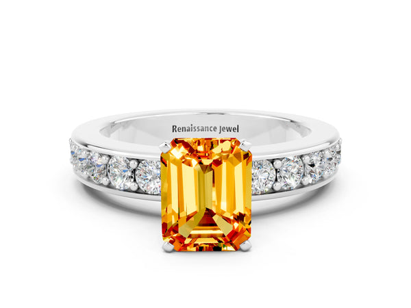 Platinum Emerald Cut Citrine Engagement Ring with Channel Set Round  Band and Prong Setting