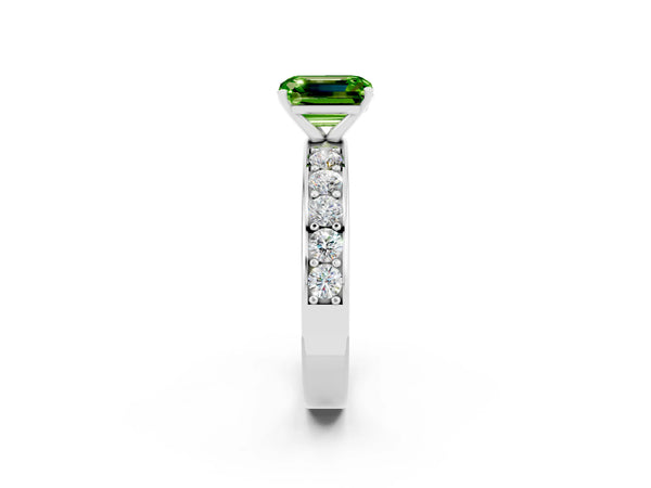 Silver Emerald Cut Peridot Engagement Ring with Channel Set Round  Band and Prong Setting