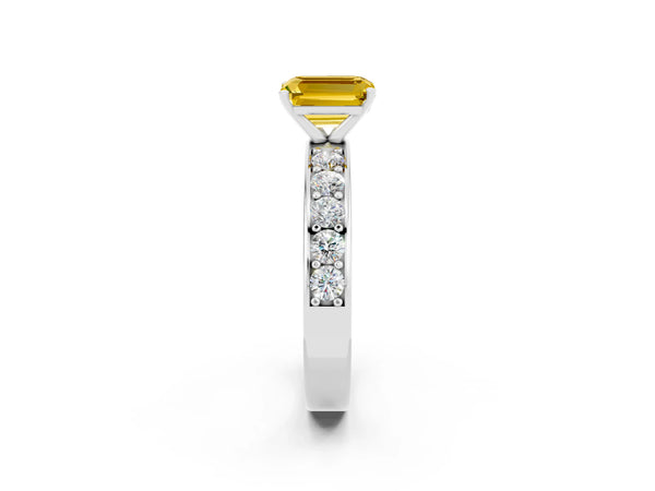 Platinum Emerald Cut Yellow Sapphire Engagement Ring with Channel Set Round  Band and Prong Setting