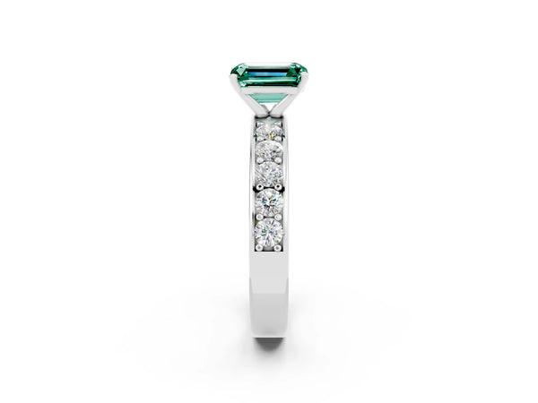 Platinum Emerald Cut Green Sapphire Engagement Ring with Channel Set Round  Band and Prong Setting