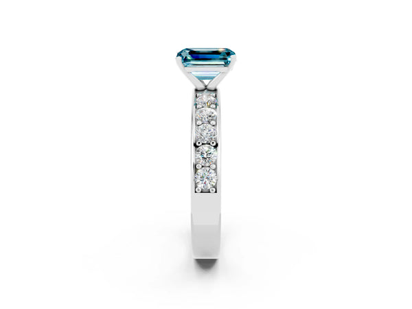 Silver Emerald Cut Blue Topaz Engagement Ring with Channel Set Round  Band and Prong Setting