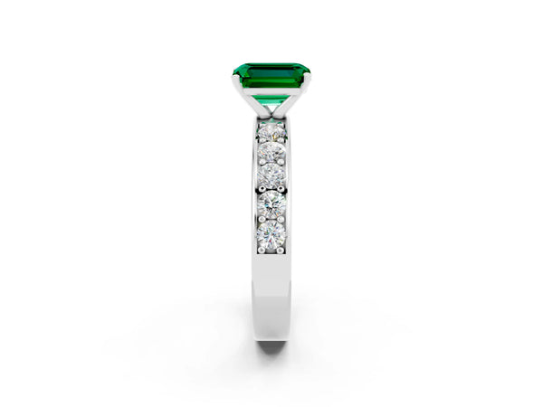 Platinum Emerald Cut Emerald Engagement Ring with Channel Set Round  Band and Prong Setting