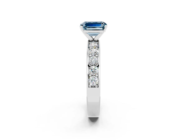 Silver Emerald Cut Aquamarine Engagement Ring with Channel Set Round  Band and Prong Setting