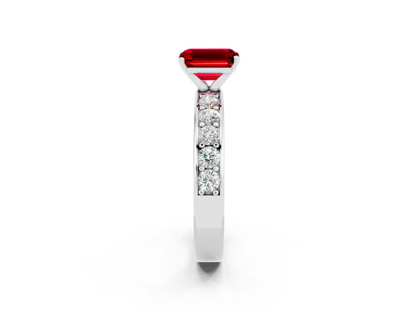 Silver Emerald Cut Ruby Engagement Ring with Channel Set Round  Band and Prong Setting