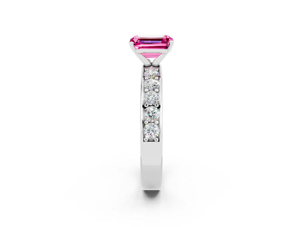 Silver Emerald Cut Pink Sapphire Engagement Ring with Channel Set Round  Band and Prong Setting