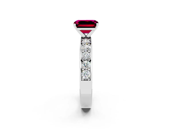 Platinum Emerald Cut Garnet Engagement Ring with Channel Set Round  Band and Prong Setting