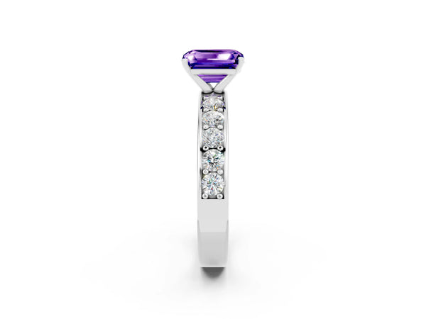 Platinum Emerald Cut Tanzanite Engagement Ring with Channel Set Round  Band and Prong Setting
