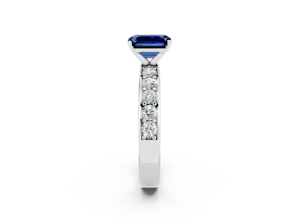 White gold Emerald Cut Blue Sapphire Engagement Ring with Channel Set Round  Band and Prong Setting