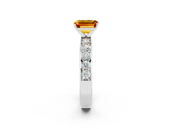 Platinum Emerald Cut Citrine Engagement Ring with Channel Set Round  Band and Prong Setting