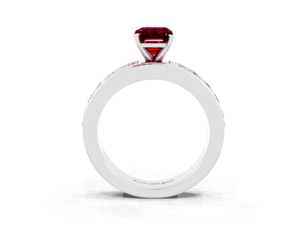 Platinum Emerald Cut Garnet Engagement Ring with Channel Set Round  Band and Prong Setting