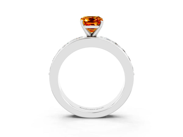 Platinum Emerald Cut Citrine Engagement Ring with Channel Set Round  Band and Prong Setting