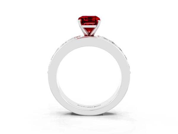 Silver Emerald Cut Ruby Engagement Ring with Channel Set Round  Band and Prong Setting