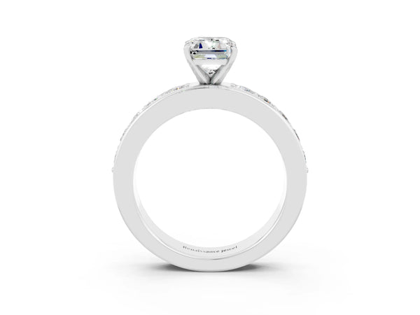 Silver Emerald Cut Moissanite Engagement Ring with Channel Set Round  Band and Prong Setting