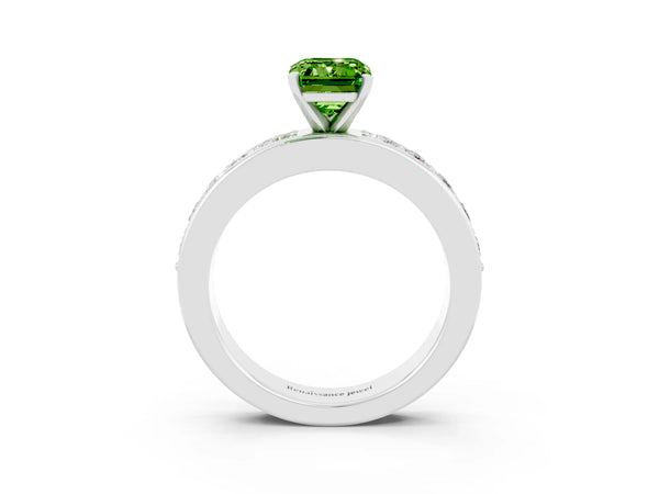 Platinum Emerald Cut Peridot Engagement Ring with Channel Set Round  Band and Prong Setting