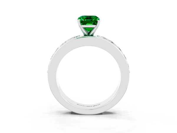 Silver Emerald Cut Emerald Engagement Ring with Channel Set Round  Band and Prong Setting