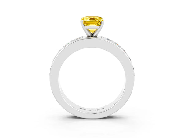 White gold Emerald Cut Yellow Sapphire Engagement Ring with Channel Set Round  Band and Prong Setting