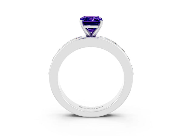 Platinum Emerald Cut Tanzanite Engagement Ring with Channel Set Round  Band and Prong Setting