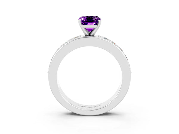 Silver Emerald Cut Amethyst Engagement Ring with Channel Set Round  Band and Prong Setting