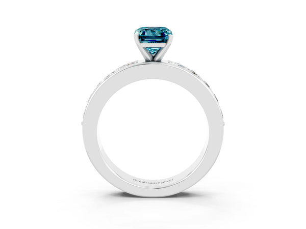 White gold Emerald Cut Blue Topaz Engagement Ring with Channel Set Round  Band and Prong Setting