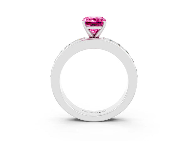 White gold Emerald Cut Pink Sapphire Engagement Ring with Channel Set Round  Band and Prong Setting