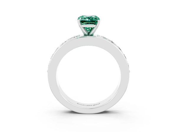 Silver Emerald Cut Green Sapphire Engagement Ring with Channel Set Round  Band and Prong Setting