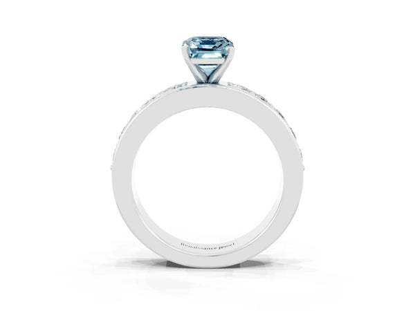 Platinum Emerald Cut Aquamarine Engagement Ring with Channel Set Round  Band and Prong Setting