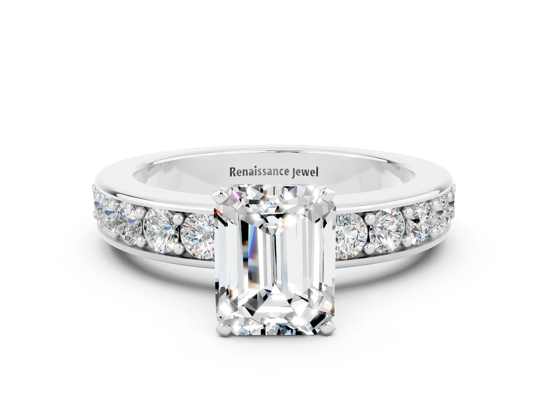 White gold Emerald Cut Cut Channel Set Diamond Engagement Ring with Four-Prong Setting