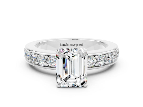Silver Emerald Cut Moissanite Engagement Ring with Channel Set Round  Band and Prong Setting
