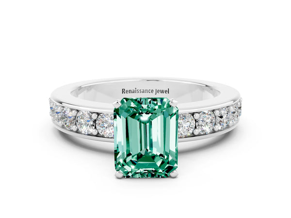White gold Emerald Cut Green Sapphire Engagement Ring with Channel Set Round  Band and Prong Setting