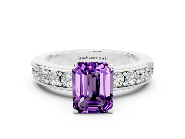 Silver Emerald Cut Amethyst Engagement Ring with Channel Set Round  Band and Prong Setting