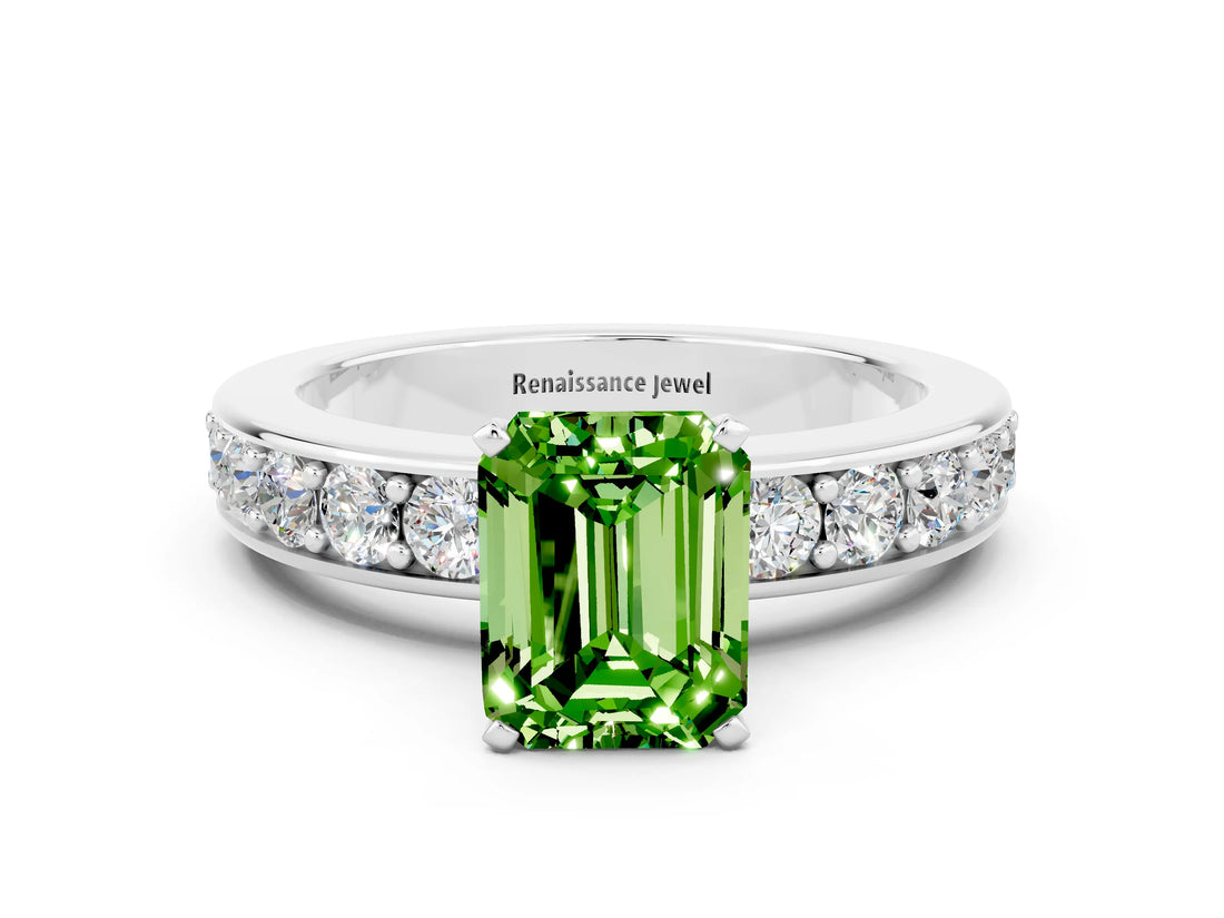 White gold Emerald Cut Cut Channel Set Diamond Engagement Ring with Four-Prong Setting