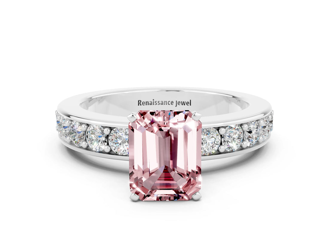 White gold Emerald Cut Cut Channel Set Diamond Engagement Ring with Four-Prong Setting