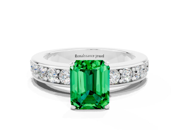 White gold Emerald Cut Emerald Engagement Ring with Channel Set Round  Band and Prong Setting