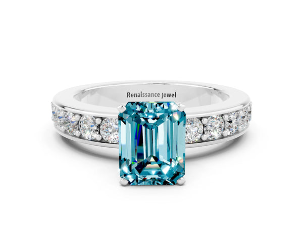 White gold Emerald Cut Blue Topaz Engagement Ring with Channel Set Round  Band and Prong Setting