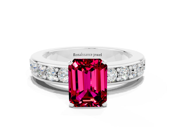 White gold Emerald Cut Garnet Engagement Ring with Channel Set Round  Band and Prong Setting