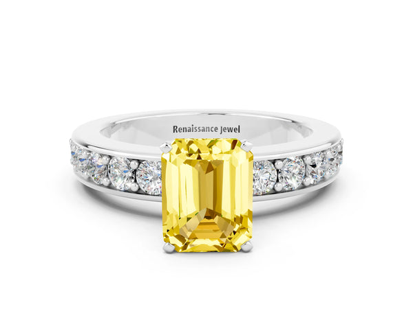 Silver Emerald Cut Yellow Sapphire Engagement Ring with Channel Set Round  Band and Prong Setting