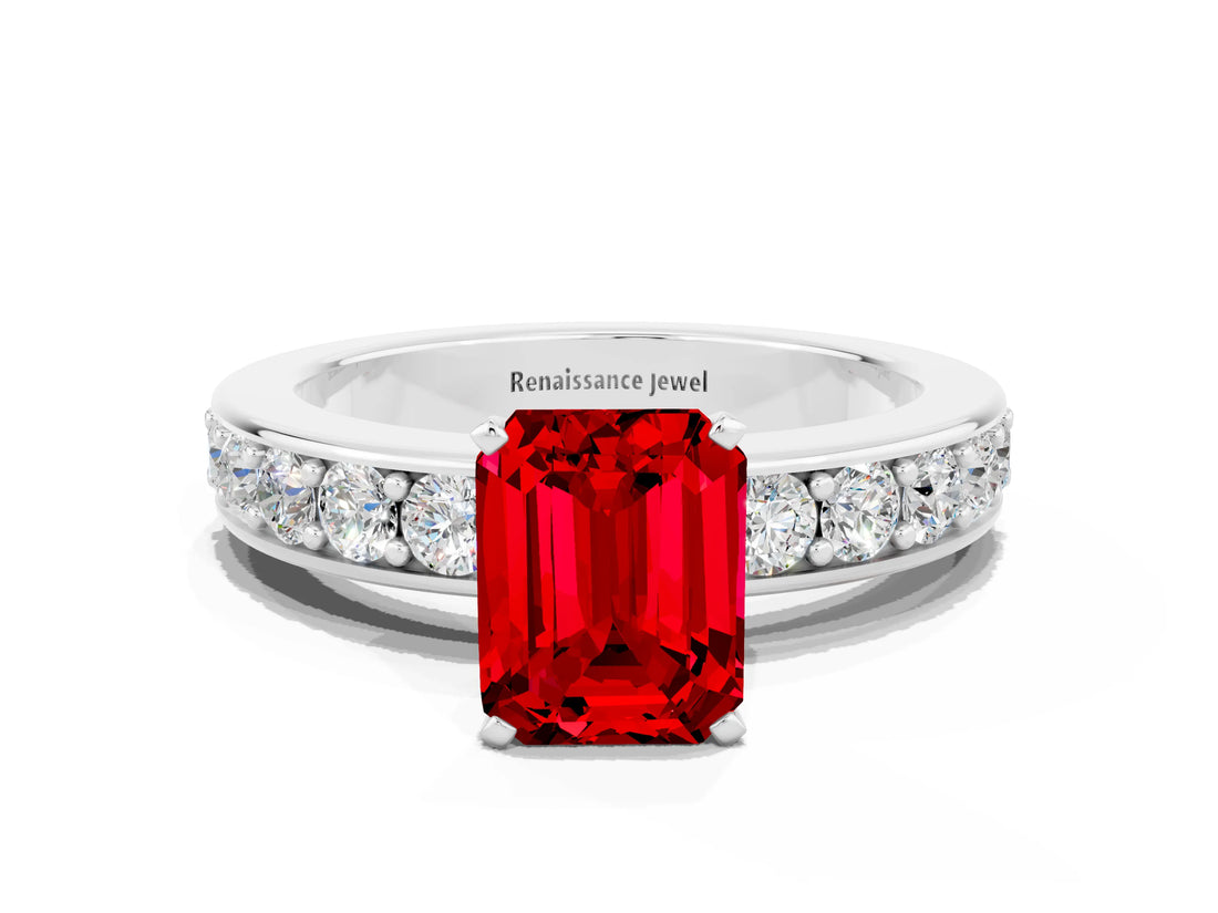 White gold Emerald Cut Cut Channel Set Diamond Engagement Ring with Four-Prong Setting