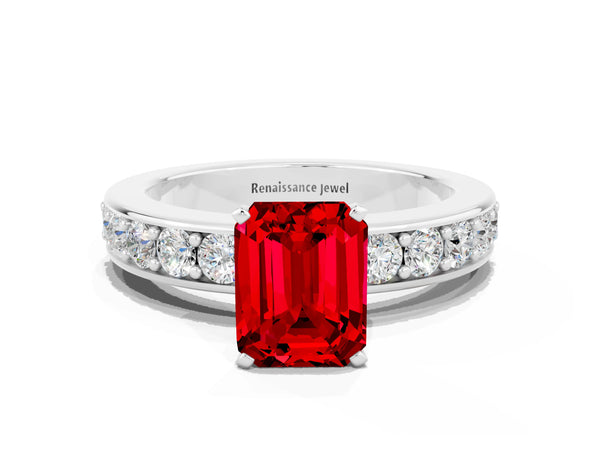 Silver Emerald Cut Ruby Engagement Ring with Channel Set Round  Band and Prong Setting